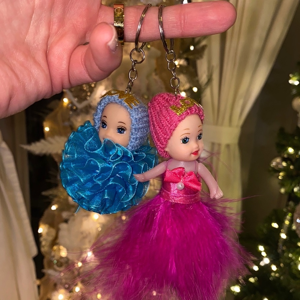 2 baby doll Christmas tree ornaments or keychains pink feather blue ribbon ball‌ - Picture 12 of 16